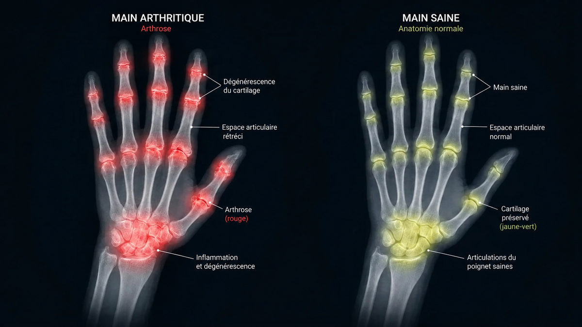 Comparaison radiographique d’une main arthrosique et d’une main saine