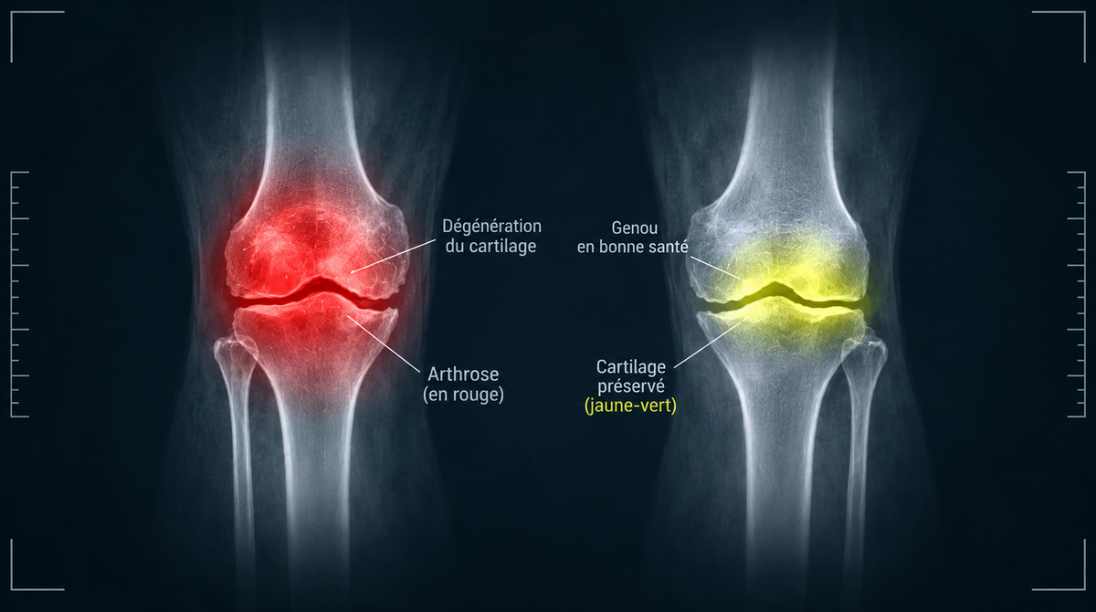 Radiographie du genou montrant une dégénérescence du cartilage face à un genou sain