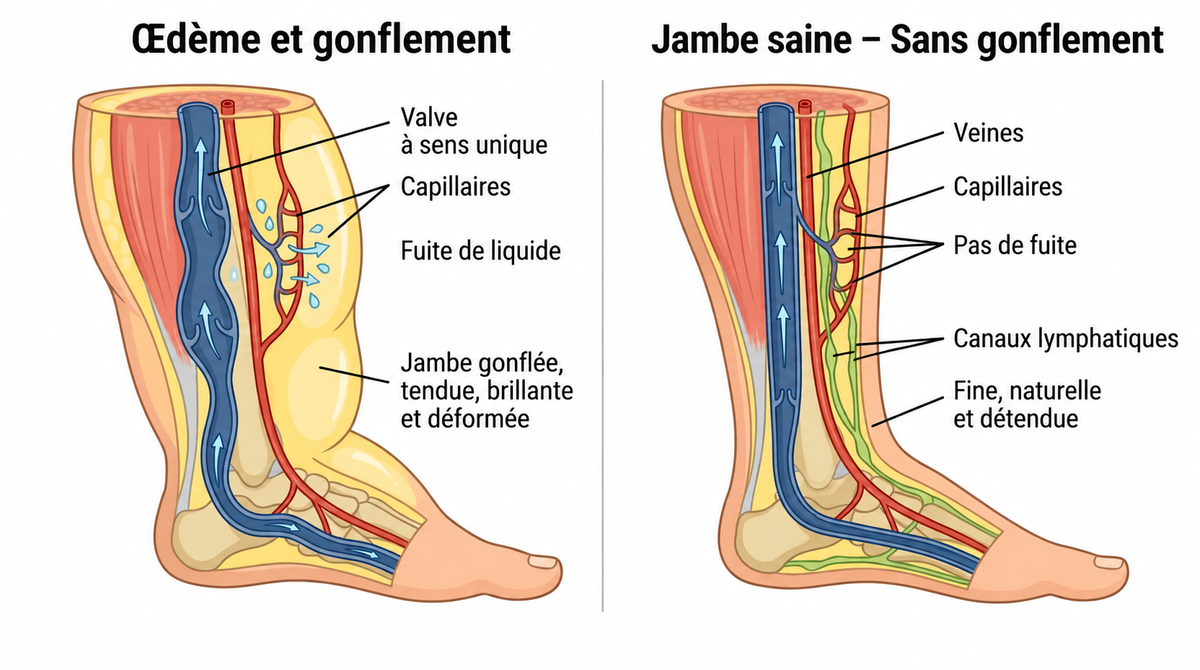 Schéma de l’œdème et du gonflement comparé à une jambe saine