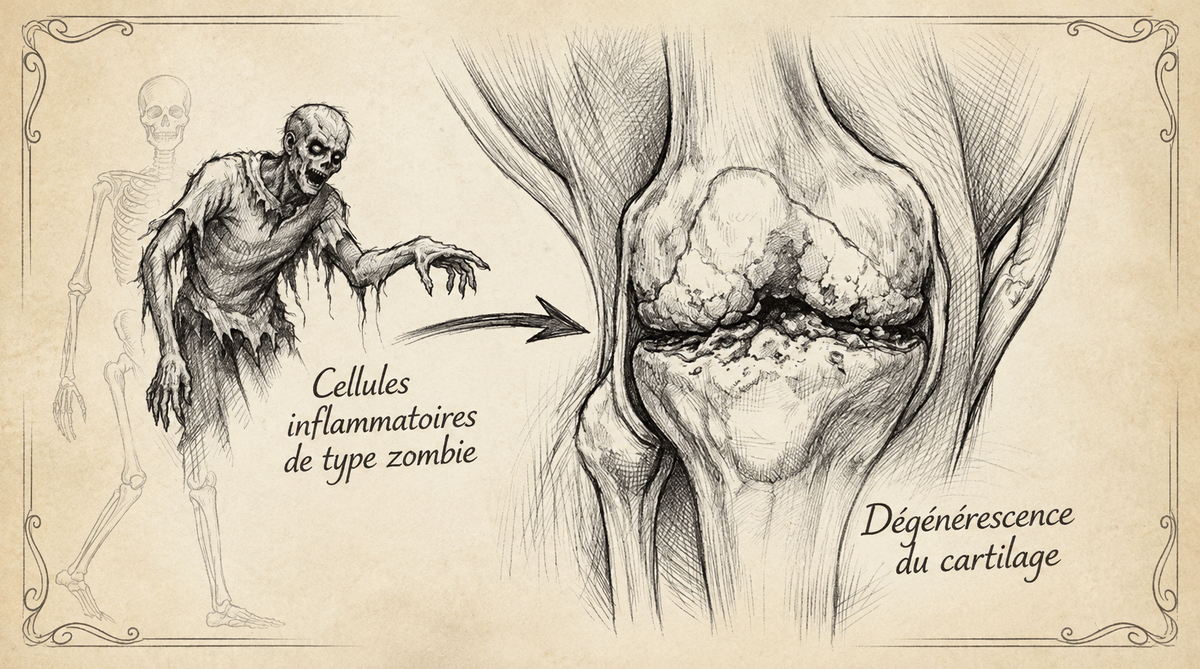 Schéma des cellules inflammatoires zombies et de la dégénérescence du cartilage