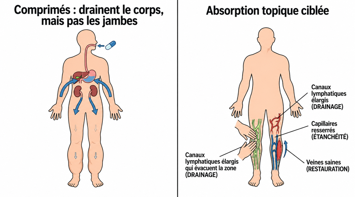 Schéma de l’absorption par voie cutanée comparée aux comprimés
