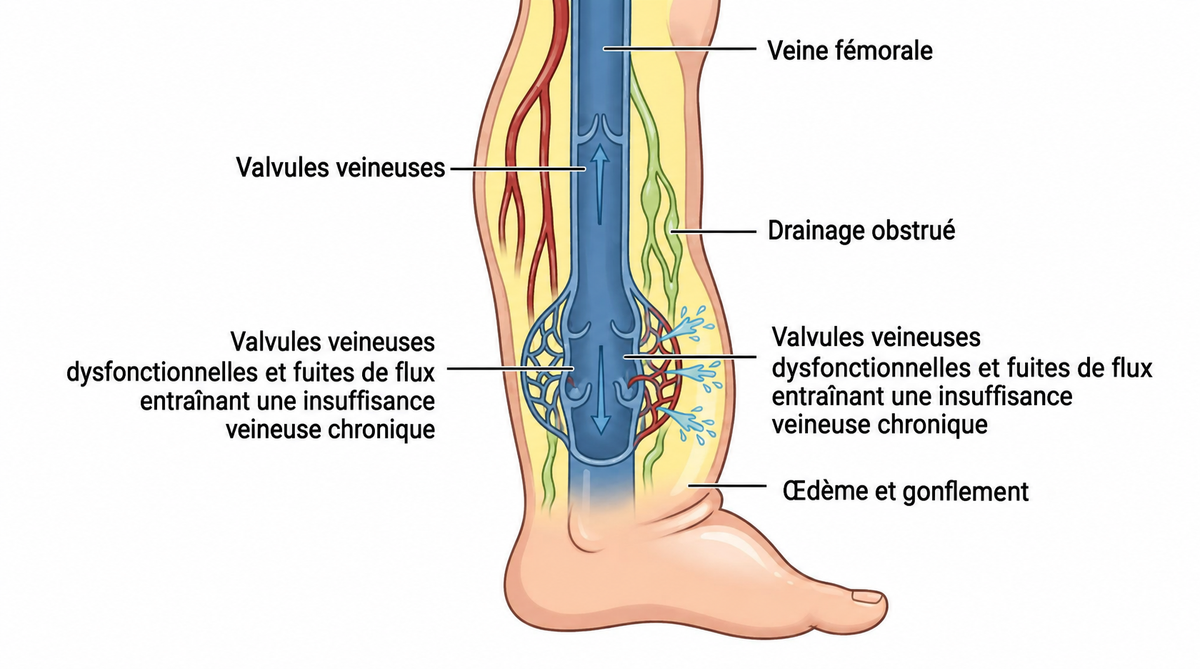 Schéma des valvules veineuses et de l’insuffisance veineuse chronique
