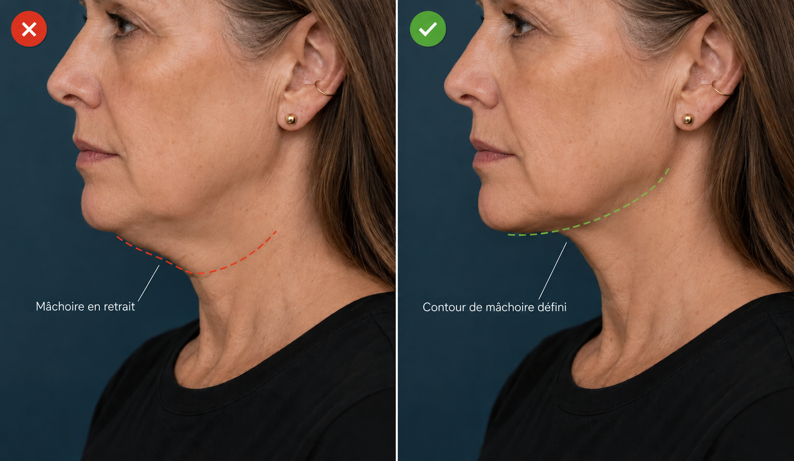 Comparaison de profil montrant une mâchoire relâchée puis un contour de mâchoire redessiné