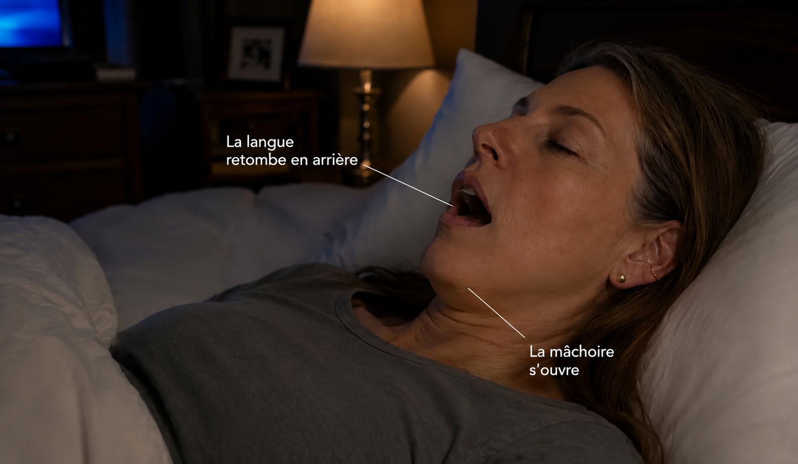 Femme endormie sur le dos, bouche ouverte, avec des annotations montrant la langue qui retombe et la mâchoire qui s'ouvre
