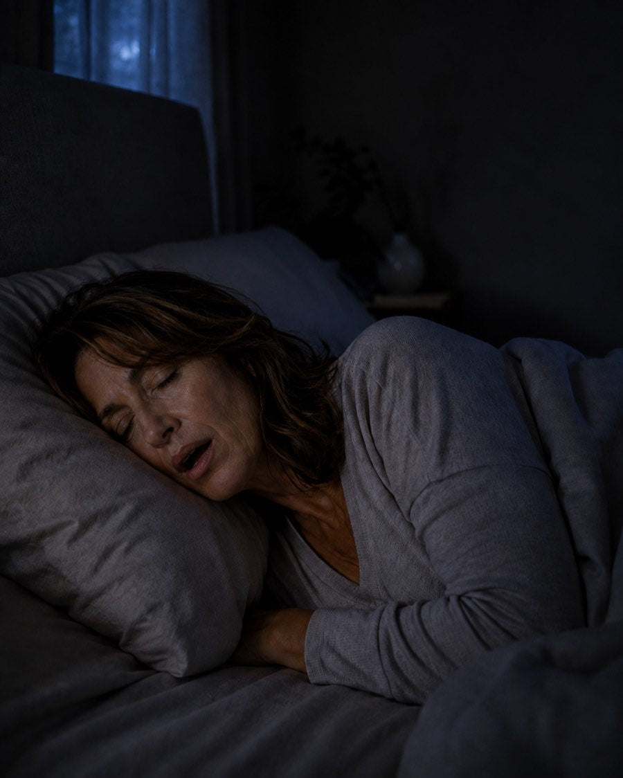 Femme endormie dans une chambre sombre, la bouche ouverte