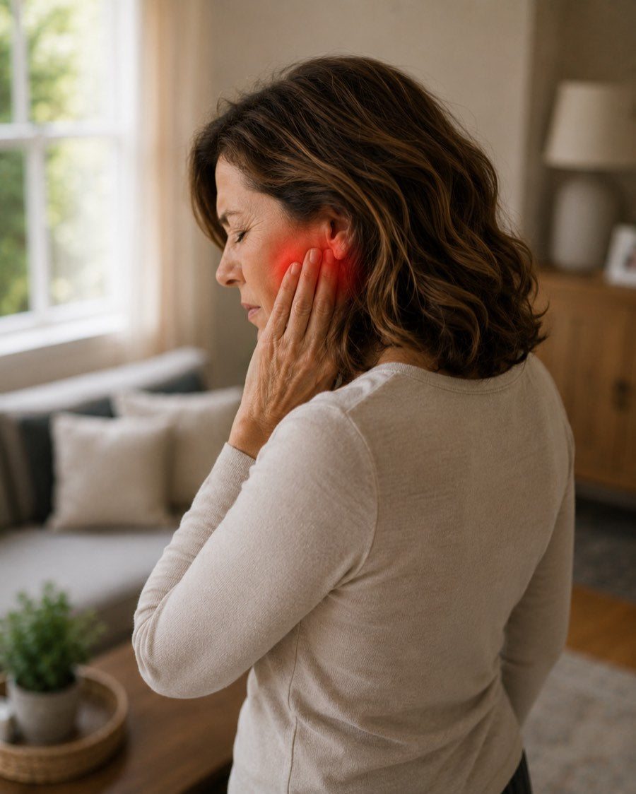 Femme pressant sa main contre sa mâchoire près de l'oreille, zone rouge indiquant la douleur