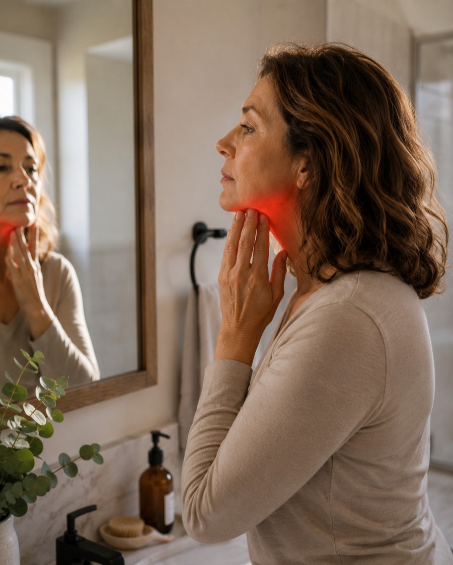 Femme examinant son ovale dans un miroir de salle de bain, zone rouge le long de la mâchoire indiquant le muscle en dessous