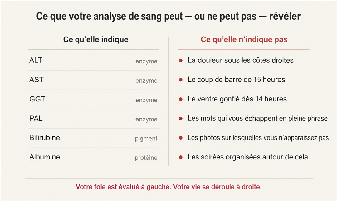 Deux colonnes : les six marqueurs d’un bilan hépatique et les symptômes ou habitudes quotidiennes qu’il n’indique pas