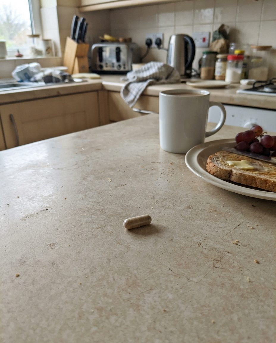 Une gélule sur le plan de travail, à côté d’une tasse de thé et d’une tartine