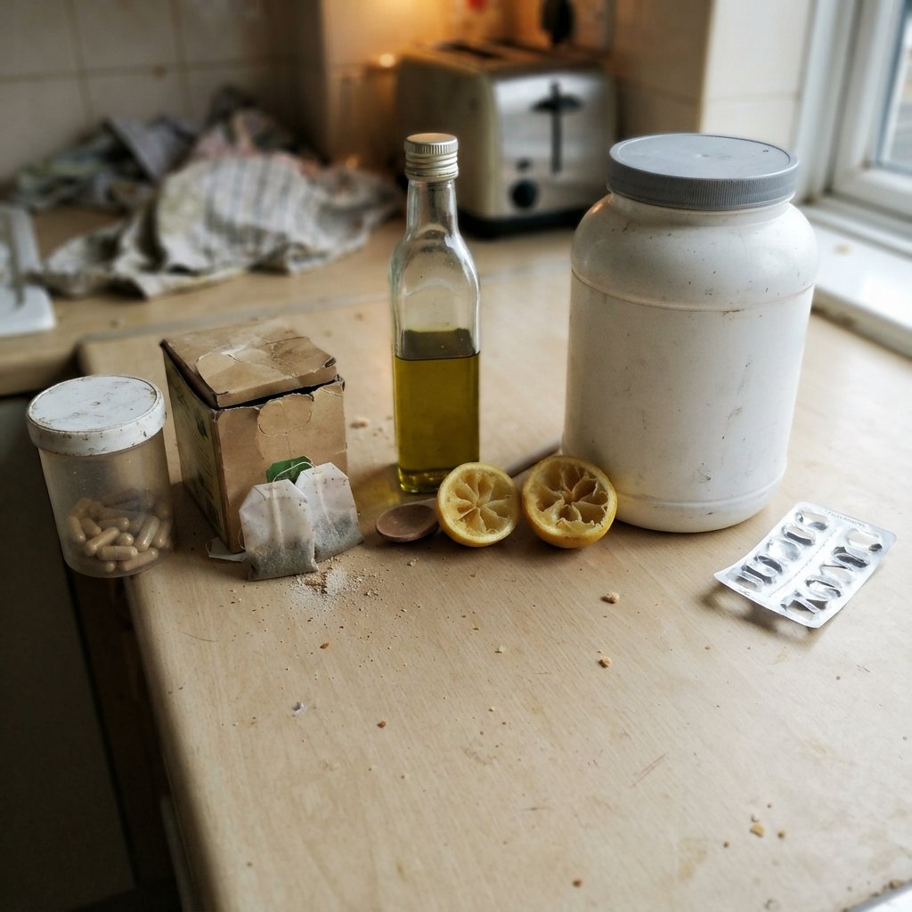Des remèdes inefficaces alignés sur un plan de travail : gélules, tisanes, huile d’olive, citrons pressés, poudre et comprimés