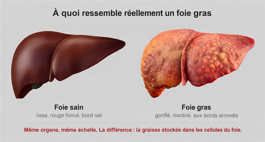 Un foie sain à côté d’un foie atteint de stéatose, à la même échelle