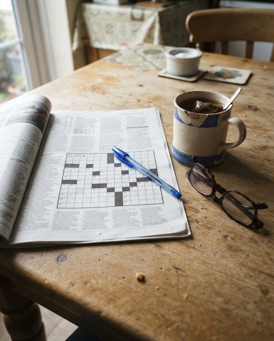 Un journal ouvert sur des mots croisés presque vierges, avec un stylo et une tasse de thé froid