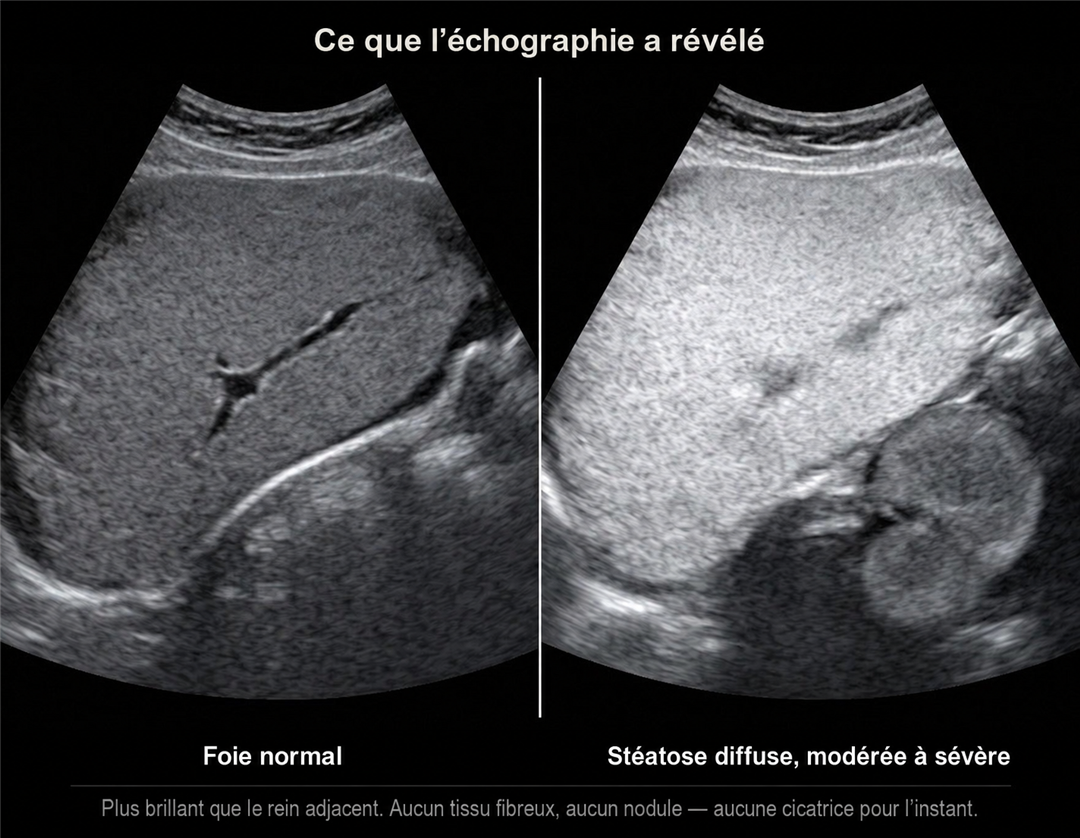 Deux échographies du foie côte à côte : un foie normal et un foie atteint de stéatose diffuse modérée à sévère