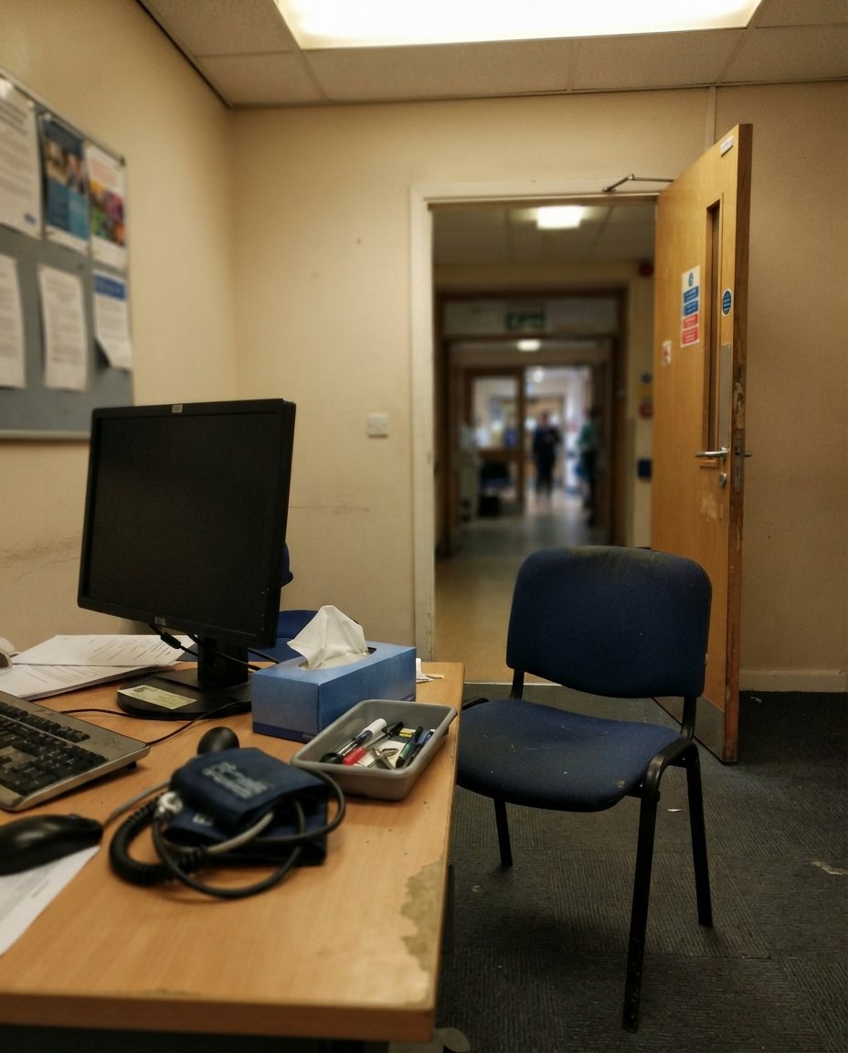 Une chaise vide dans un cabinet médical, la porte déjà ouverte sur le couloir